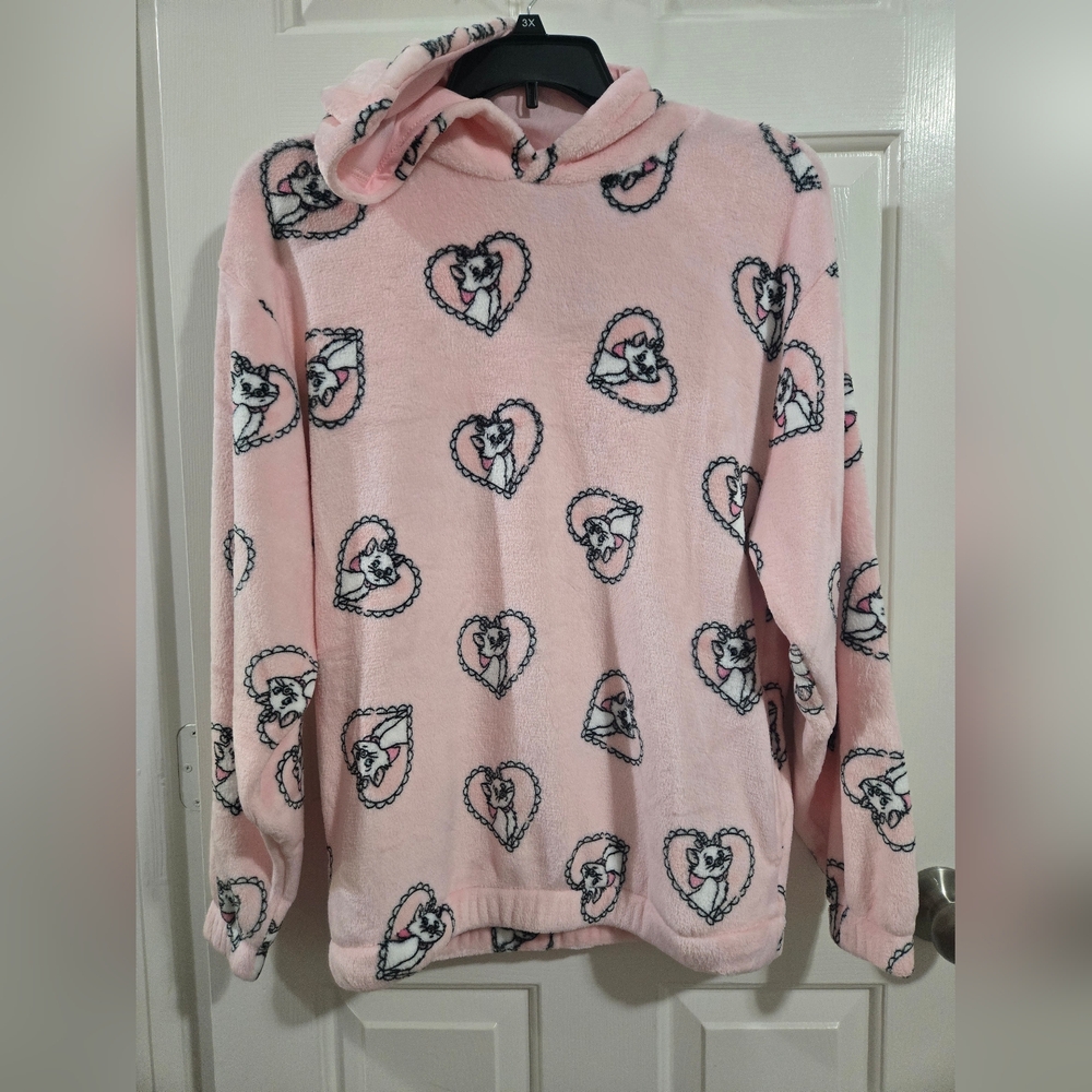 Disney Marie Aristocats Pink Heart Patterned Fleece Hoodie W/ Pockets - Picture 2 of 5